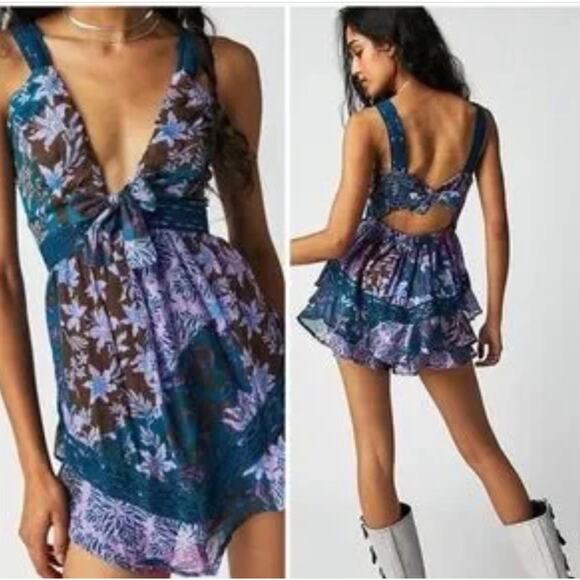 Free People Pants - Free People Bali Oletta Green Pink Floral Open Back Romper Small Boho Festival